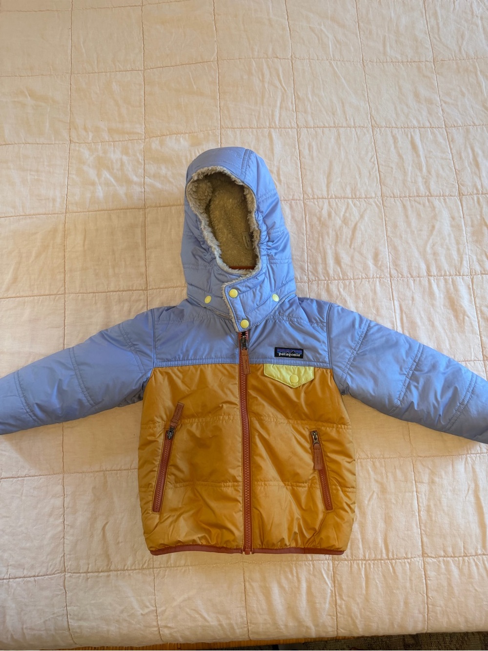 EUC Patagonia Colorblock Puffer Jacket in Light Blue & Mustard